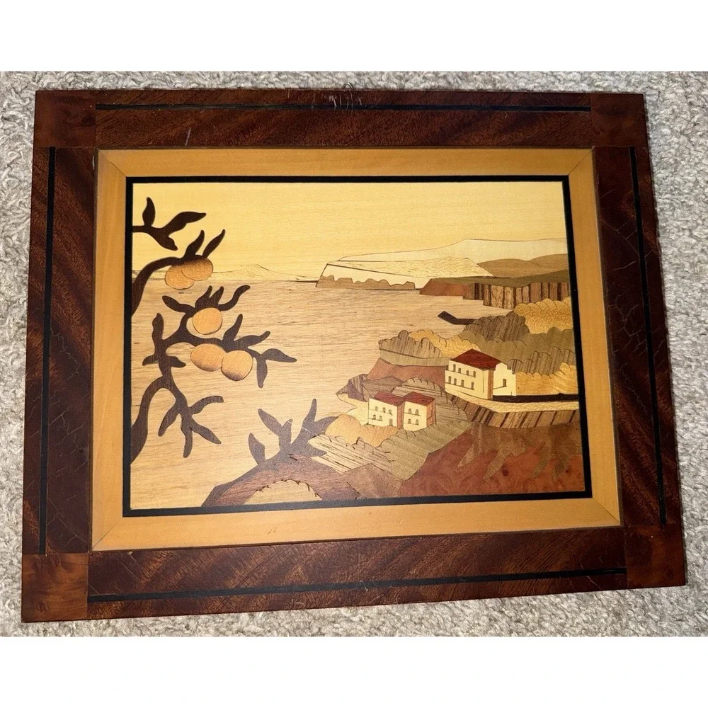 Set Of‎ 2 Vintage Italian Marquetry Inlaid Wood Sorrento Style Coastal Scenes